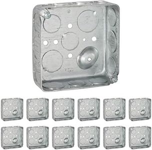(12 Pack) 4'' Square Electrical Box, Drawn Construction, Ten 1/2'' and Six 3/4'' Knockouts, Raised Ground, 21.0 Cu. in. Capacity, 1-1/2'' Deep, Galvanized Steel, Combination Screw Heads