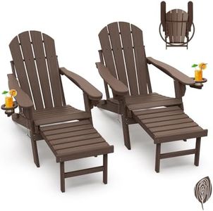 GREENVINES Adirondack-Chairs-with-Ottoman | Set of 2 | Wood Grain | Dark Brown | Folding | Retractable-Footrest | HDPE Plastic | All Weather Fire Pit Chair | Cup Holders | for Outdoor Poolside