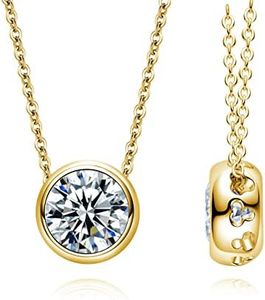 CannyCat 2 carat Moissanite Bezel Pendant Necklace for Women D color VVS Brilliant Round Cut Necklaces Platinum Plated Sterling Silver Lab Created Diamond Chain, 18K Gold silver, (CVCTPNXA35SG)