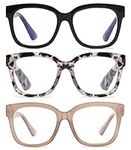 JM 3 Pack Oversized Square Reading Glasses, Blue Light Blocking Computer Reader for women men, Spring Hinge +1.5