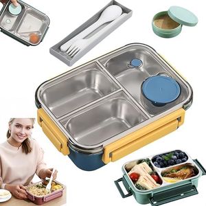FeBohao Stainless Steel Lunch Box Adult Smash Bento Box Kids Leak Proof Snack Container with Lid 850 Ml 3 Compartments