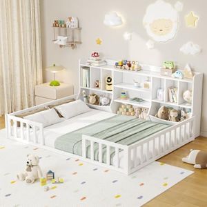 iPormis Full Size Floor Bed with Bookcase and Storage Shelves, Montessori Bed Frame for Kids with High Safety Rails, Wooden Floor Bed for Girls and Boys, No Box Spring Needed, Without Slats, White