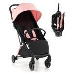 GYMAX Foldable Baby Stroller, Lightweight Baby Pushchair with 5-Point Safe Belt, Lockable Wheel, Adjustable Footrest, Canopy & Backrest, Travel Toddler Buggy for 0-3 Years Old (Pink)