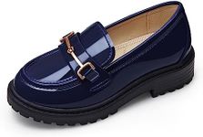 Coutgo Girl's Platform Loafers Slip On Chain Chunky Heel Leather Flats Round Toe School Uniform Dress Shoes Navy