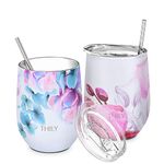 THILY Vacuum Insulated Stemless Wine Tumbler 12 oz Stainless Steel Wine Glass with Lid and Straw, Keep Cold or Hot for Coffee, Cocktails, 2 Pack(Pink Lilies + Lotus Flower)