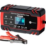 Husgw 8-Amp Car Battery Charger, 12V/8A 24V/4A Compatible Automotive Smart Portable Battery Charger Maintainer Enhanced Pulse Repair Trickle Charger for Car, Motorcycle, Lawn Mower and More