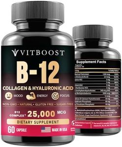 VITBOOST B12 with Hyaluronic Acid, Collagen and Folate – 25000 mcg B12 Methylcobalamin Supplement | Maximize Absorption & Energy | Gluten Free USA Made, B1, B2, B3, B6, B7 Complex - 60 Capsules