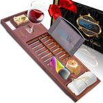 SereneLife Bamboo Bathtub Caddy with Luxury Gift Box and Red Gifting Ribbon Extendable & Adjustable Tray with Device/Book Holder with Removable Trays for Bath Accessories (Stain Brown)