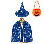 Jackcell Wizard Cape Witch Cloak With Hat, Pumpkin Candy Bag, Halloween Costume Props for Kids Cosplay Party (Blue)