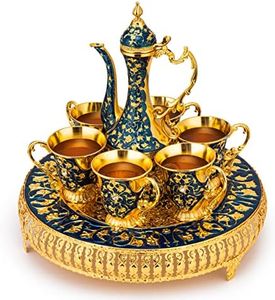 Vintage Extra Large Turkish Coffee & Tea Pot Set for 6 by Gute with Large Crystal Tray & Teapot Gold with Swarovski Style Crystals (Blue) 480ml - 6 Vintage Moroccan Tea Glasses 230ml Teacups Gold