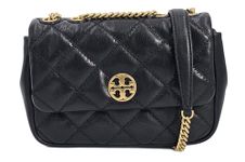 Tory Burch 148243 Willa Black Diamond Quilted With Gold Hardware Women's Shoulder Bag, Black, Small