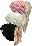 Funky Junque Kid's BeanieTail Children’s Ponytail Messy Bun Beanie Solid Ribbed Hat, 3 Pack - Black, Ivory, Indi Pink, One Size