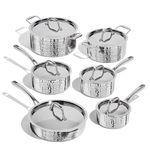 Lagostina Artigiano 12-Piece 3-Ply Clad Hammered Stainless Steel Cookware Set, Stainless Steel Pots and Pans Set, Induction Safe, Dishwasher and Oven Safe up to 400ºF / 204ºC, Silver