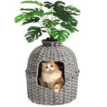 SETVSON Cat Litter Box Plant Furniture Hidden Cat Litter Box with Artificial Plants, Handwoven Rattan Cat Litter Box Enclosure with Cat Litter Box, Enclosed Plant Cat Litter Box in Living Room (Gray)