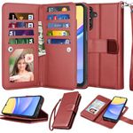 Njjex Galaxy A15 5G Case, for Samsung Galaxy A15 5G Wallet Case, [9 Card Slots] PU Leather ID Credit Holder Folio Flip [Detachable] Kickstand Magnetic Phone Cover & Lanyard for Samsung A15 [Wine Red]