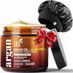 Hair Mask + Silk Bonnet for Sleeping Women Set - Deep Conditioner & Leave-In Conditioner for Dry, Damaged Hair - Argan Oil, Jojoba, Aloe & Keratin - Satin Bonnet for Sleeping, Repair & Hydrate (8 oz)