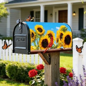 Summer Cardinal Sunflower Mailbox Cover Magnetic Standard Size 21" x 18" Summer Floral Flower Birds Rustic Decorative Mailbox Covers Magnetic Post Letter Box Wrap Cover Outdoor Decor