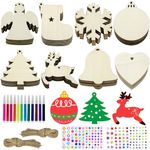 80 Pcs Wooden Christmas Hanging Ornaments, 8 Shapes Wooden Christmas Tree Decorations with Pens, Gem and Star Stickers, Unfinished Wooden Christmas Decorations Wooden Baubles for Kids Xmas DIY Crafts