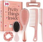 6 Pcs Hair Brush Set with Brush & Combs - Detangling Brush for All Hair Types with Wide Tooth & Tail Comb, Scrunchie & Claw Clip - Hair Care Gift Set with Stickers for Teen Girls, Women & Kids