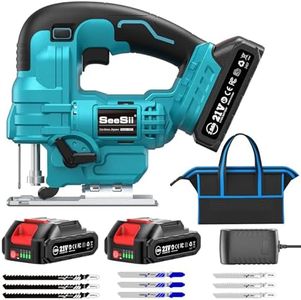 SEESII Jig Saw, Cordless Jigsaw Tool with 2×2.0Ah Batteries and Charger, ±45° Bevel Cuts, 4 Orbital Action for Wood Cutting, Variable Speed, Mini Jigsaw with 9 Blades, LED Light, Lock, Storage Bag