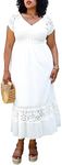 ANNA-KACI Plus Size Peasant Maiden Boho Inspired Cap Sleeve Lace Trim Maxi Dress, White, XX-Large