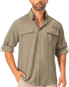 Asfixiado Camisa para hombre Safari UPF50+ protección UV, camisa de senderismo de manga larga, camisa funcional para exteriores, transpirable, de secado rápido, informal, con botones, caqui, XXL