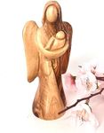 Holy Land Crafts Olive Wood Angel Statue, Handmade Angel Holding Baby Figurine, Guardian Angel for New Baby, Gift for Expecting Mother, Wooden Baptism Angel