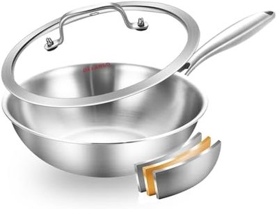 DELARLO Whole body Tri-Ply Stainless Steel 10 inch wok Pan with cover, Oven safe induction Stir-Fry Pans skillet, Suitable for All Stove