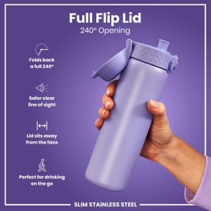 Ion8 Steel Water Bottle 600ml – Leak Proof, Flip Cover, Light Purple