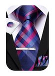 Hi-Tie Classic Mens Silk Ties Set 4 PCS Necktie Pocket Square Cufflinks Clip Pin Solid Strip Paisley Tie,Navy Blue Pink