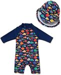 BONVERANO Kids UPF 50+ Sun Protection 3/4 Sleeves One Piece Zip Sunsuit with Sun Cap(18-24 Months, Colorful Fish)