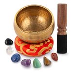 Tibetan Singing Bowl Set - Easy To Play for Beginners - Authentic Handcrafted Mindfulness Meditation Holistic Sound Bowl 7 Chakra Healing Gift by Himalayan Bazaar (4 Inch with Chakra Stones)