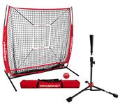 PowerNet 5x5 Practice Net Bundle | Baseball Softball Coaching Aid | Compact Lightweight Portable | Hitting Pitching Training (Red Bundle w/Tee)