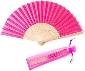 SL crafts 24pcs Lmitated Silk Hand Fan Lmitated Silk Fabric Bamboo Handheld Folded Fan Bridal Dancing Props Church Wedding Party Favors with Gift Bags (Hot Pink)