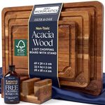 Deer & Oak Acacia Wood Chopping Board Set of 3 with Stand & Chopping Board Oil – FSC Certified Pre Oiled Hardwood, Juice Groove for Meat – Large 40cm, Medium 33cm, Small 26cm Kitchen Cutting Boards