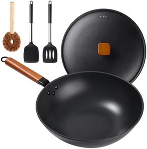 Wok Pan with Lid - 13" Nonstick Wok, Carbon Steel Woks & Stir-Fry Pans Set with 7 Cookwares, No Chemical Coated Flat Bottom Chinese wok, for Electric, Induction and Gas Stoves