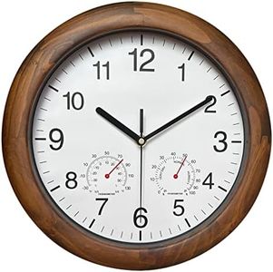 Reynoe Wooden Wall Clock with Temperature and Humidity, 12 Inch Brown, Large Numbers for Room Decor