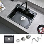 Bokaiya Quartz Kitchen Topmount Sink 50x45x20cm, Quartz Kitchen Built-in Black Sink with Overflow, Deep Single Bowl, 2 Faucet Holes and Siphon, Suitable for Workstation, Kitchen and Bar Sink