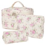 honitty Makeup Bag, Quilted Makeup Bag,Large Floral Cosmetic Bag for Women,Cotton Makeup Bag Set,Flower Travel Toiletry Bag., Pink, 3PCS