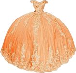 ZVOCY Woman's Off Shoulder Quinceanera Dress Ball Gown Puffy Lace Applique Tulle Prom Dress Princess Sweet 16 Dress with Bow, Orange, 4