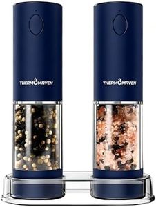 ThermoMaven Electric Salt and Pepper Grinder Set, 110ml Larger Rechargeable Automatic Salt and Pepper Mill Grinder with 6 Adjustable Coarseness, Electric Salt and Pepper Shakers, LED, Navy Blue