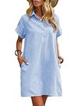 Zeagoo Womens Summer Dresses Casual Short Sleeve Midi Shift Cotton Linen Sundress with Pockets Light Blue L