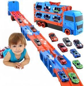 Bearbao Toddler Boy Toys for 3 4 5 6 Years Old Boys, 65 Inches Race Track for Boys Kids Die-Cast Transport Truck Car Toys, Toddler Car Toys Set for Kids Boys