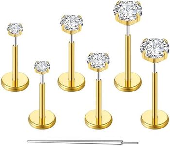 Gotumo 20G Flat Back Earrings Stud G23 Titanium Threadless Tragus Labret Cartilage Lip Medusa Conch Body Piercing Jewelry Hypoallergenic for Women Men, Titanium, cubic zirconia