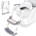 Potty Training Toilet Seat Trainer: Kids Toilet Training Seat with Step Stool - Foldable Portable Potty Chair with Adjustable Height Ladder Guard Handle Soft Cushion White for Baby Toddler Boys Girls