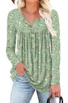 Aodemo Women's Fall Henley V Neck Button Up Tunic Ladies Tops Flowy Long Sleeve T-Shirts Pleated Blouse XL, Green Flowers