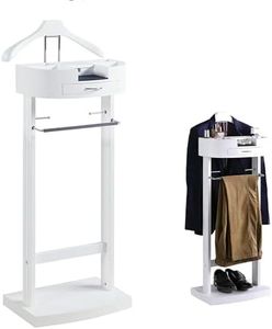 SJVKIGHU Wooden Suit Valet Stand with Drawer, Top Tray, Trouser Bar, Tie Hooks and Shoe Rack, Freestanding Clothing Organizer for Bedroom, Living Room & Office(White)