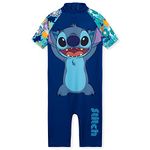 Disney Girls One Piece Swimming Costume, Full Kids Swimsuit - Girls Gifts (Dark Blue Stitch, 7-8 Years)