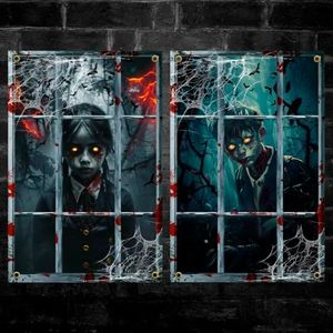 Yigney 2 Pcs Scary Halloween Window Decorations Female Ghost Window Door Cover Haunted Halloween Curtains Silhouette Decor for Outdoor Indoor (Child Ghost)
