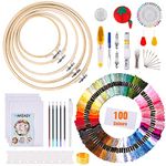 MAKEASY Embroidery Starter Kit 205PCS, Cross Stitch Kits with 100 Colors Embroidery Threads, 3PCS Aida Fabric, 5PCS Bamboo Embroidery Hoops, Instruction for Adults & Kids Beginners